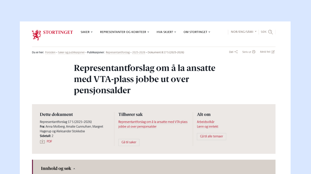 Nytt forslag på Stortinget vil la ansatte med VTA-plass få jobbe etter 67 år